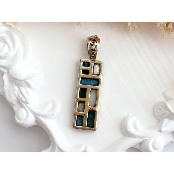 Geometric Malachite, Mother of Pearl & Blue Quartz 925 Sterling Vintage Pendant - Picture 2 of 10